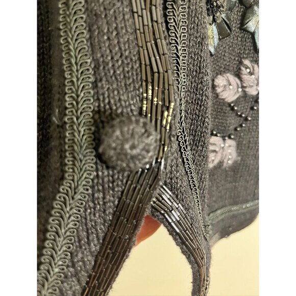 Retro Floral Sweater Vest L Black Beaded Sequin Classic Chic Preppy Old Money - Picture 6 of 12
